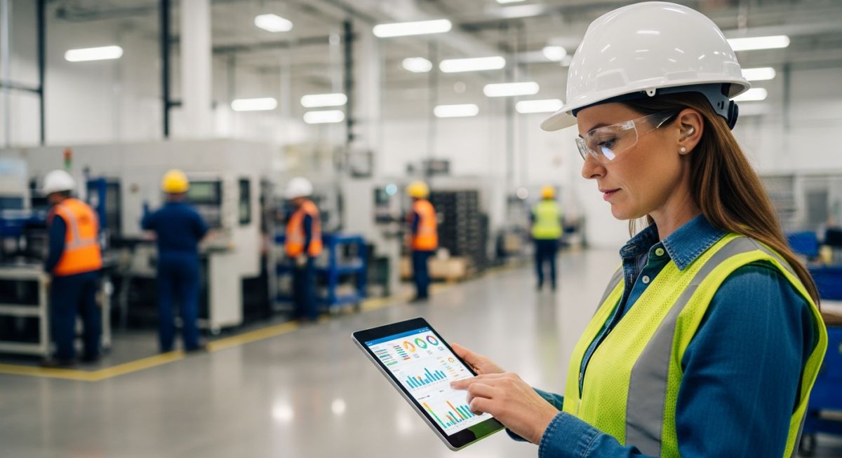 Industrial safety manager reviewing safety metrics and LTIFR data on a tablet in a manufacturing plant.