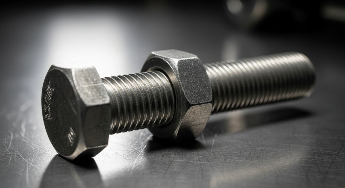 High-resolution close-up of a steel hex bolt and nut on an industrial metallic background