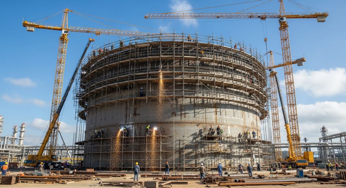 Large industrial steel storage tank under construction with cranes and scaffolding