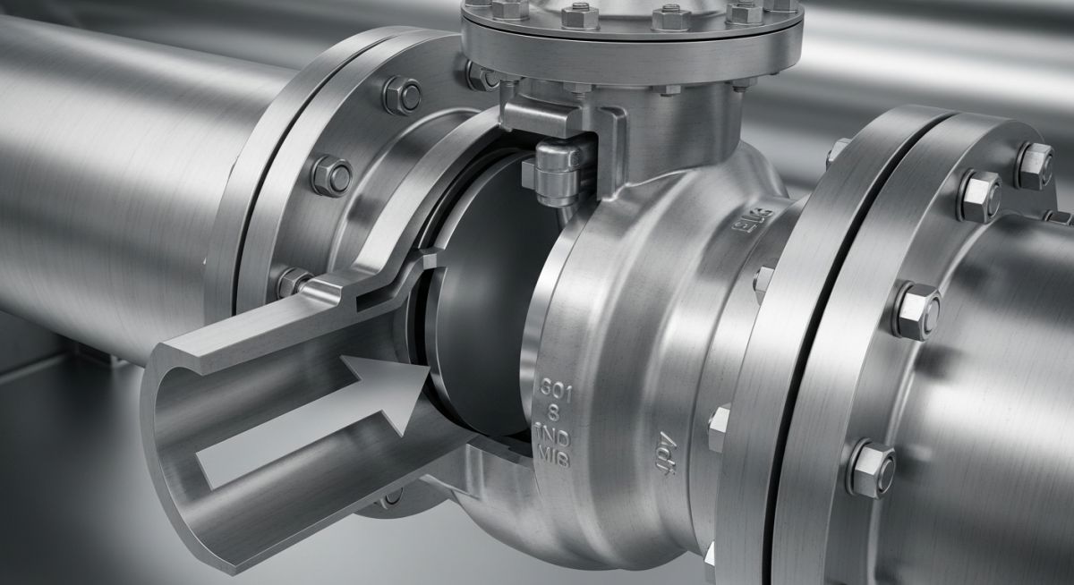 Industrial stainless steel swing check valve installed in a pipeline with a flow direction arrow.