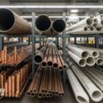 A collection of different types of industrial pipes classified by material and size on a storage rack.