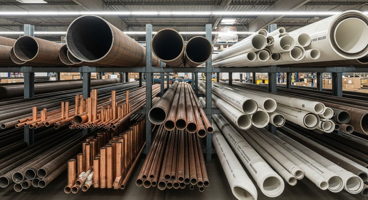 A collection of different types of industrial pipes classified by material and size on a storage rack.