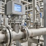 Industrial vortex flow meter installed on a pipeline with a digital display showing flow rate.