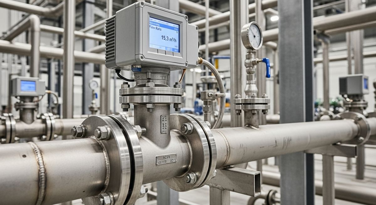 Industrial vortex flow meter installed on a pipeline with a digital display showing flow rate.