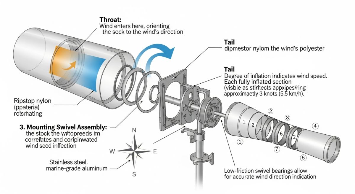 Technical diagram of an industrial wind sock assembly showing mast, swivel, and basket dimensions