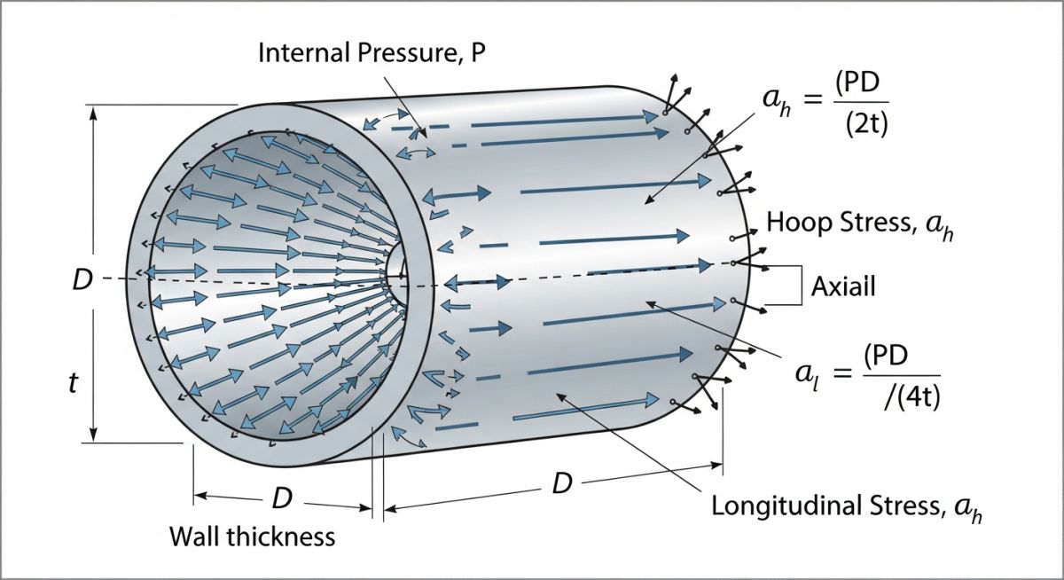 Technical diagram showing hoop stress and longitudinal stress vectors in a thin-walled cylinder