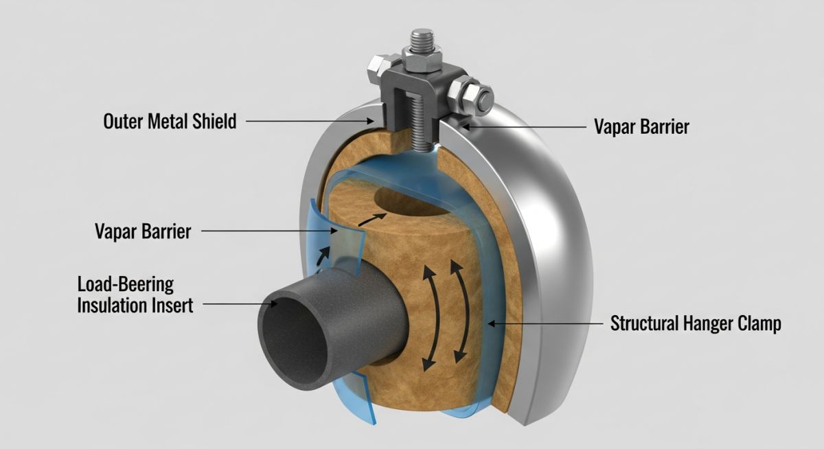 Technical diagram showing components of an insulated pipe support including shield, structural insert, and vapor barrier