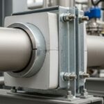 Close-up of an insulated pipe support installed on an industrial stainless steel pipeline.