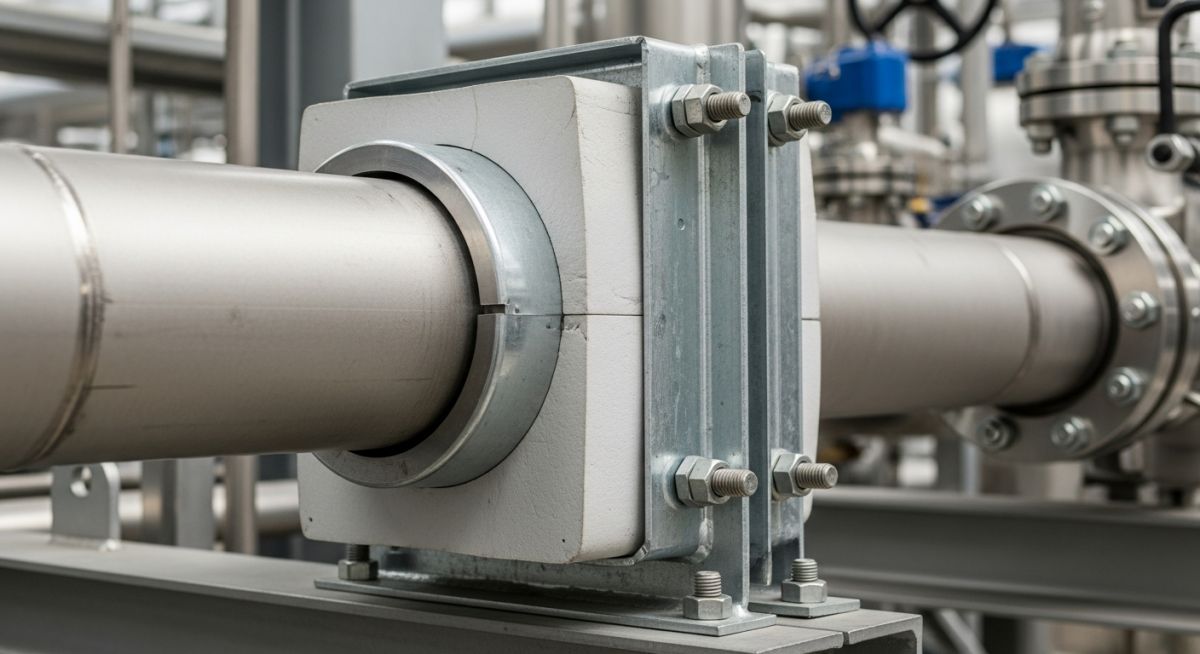 Close-up of an insulated pipe support installed on an industrial stainless steel pipeline.