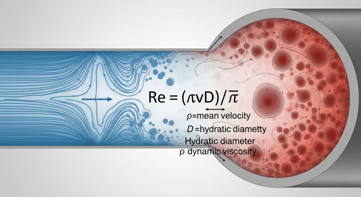 Diagram showing laminar and turbulent fluid flow transition with the Reynolds number equation.