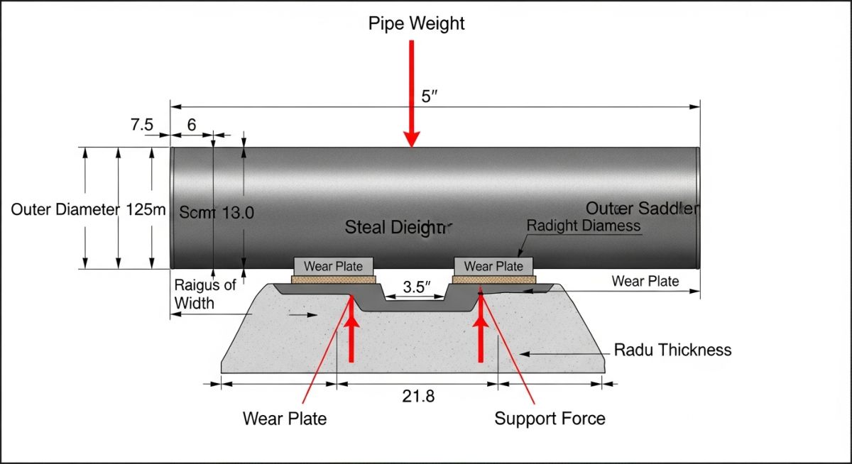 Technical diagram of a large diameter pipe saddle support showing wear plate and saddle angle