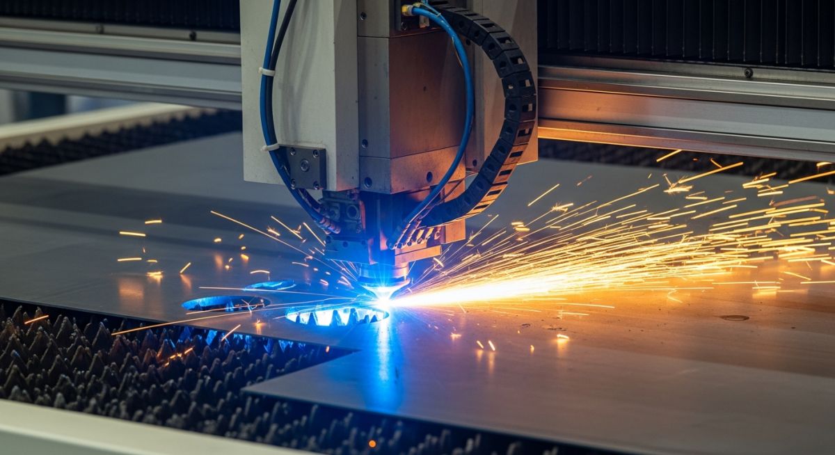 Fiber laser cutting machine fabricating a sheet metal part with sparks flying.