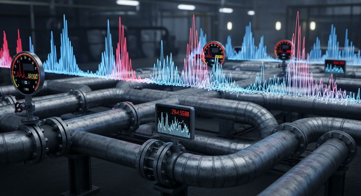 3D render of a liquid hydrocarbon pipeline showing pressure transient waves and surge monitoring.