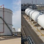 Industrial gas processing facility comparing cryogenic LNG storage tanks and pressurized LPG bullet tanks.