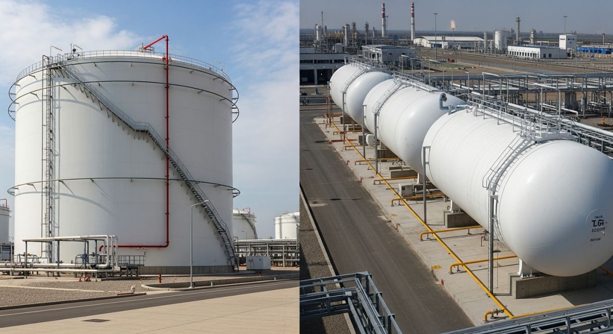 Industrial gas processing facility comparing cryogenic LNG storage tanks and pressurized LPG bullet tanks.