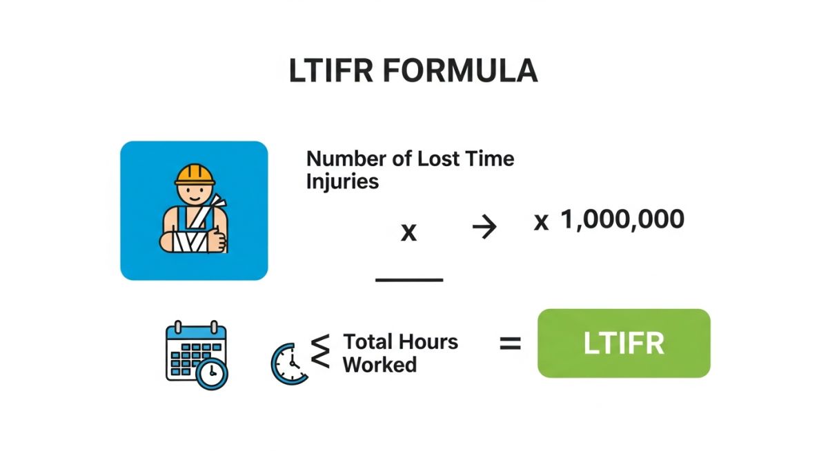Lost Time Injury Frequency Rate formula and calculation steps infographic
