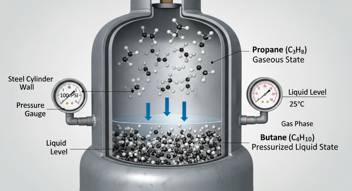 LPG molecular composition and phase change diagram showing propane and butane properties