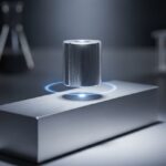 A neodymium magnet held close to a polished aluminum metal block to test its magnetic properties.