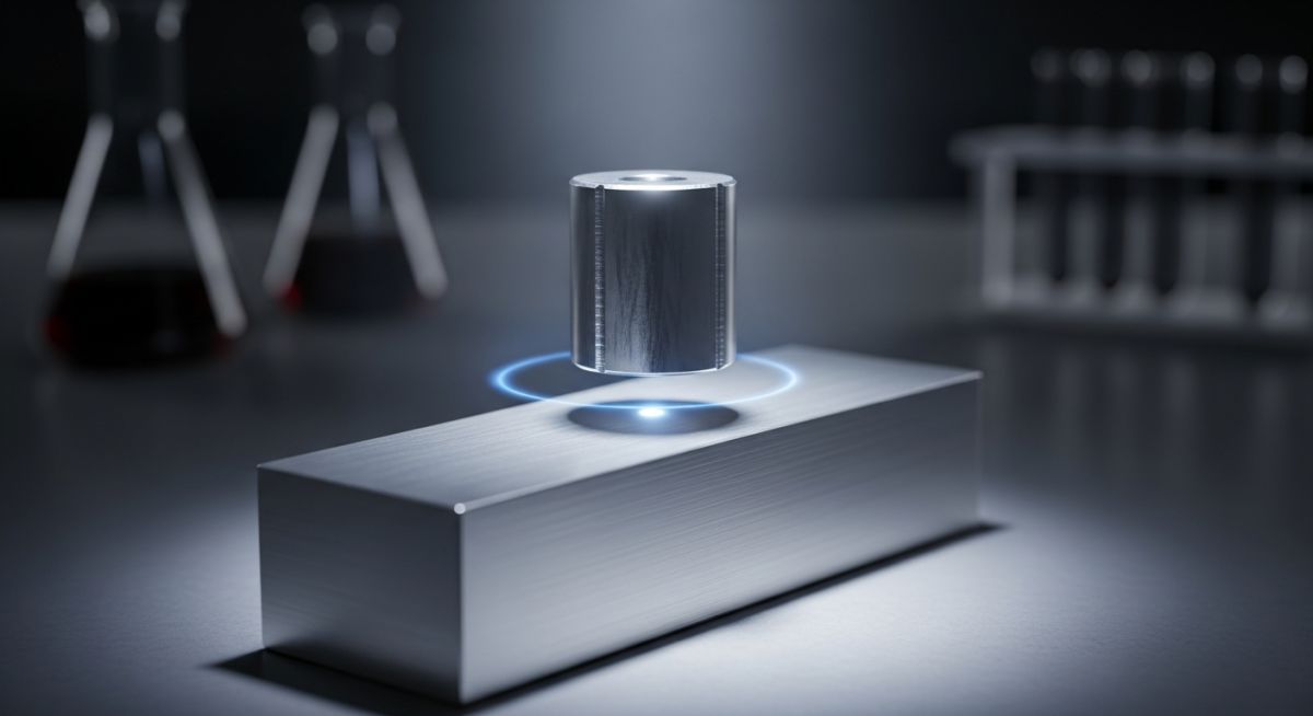 A neodymium magnet held close to a polished aluminum metal block to test its magnetic properties.