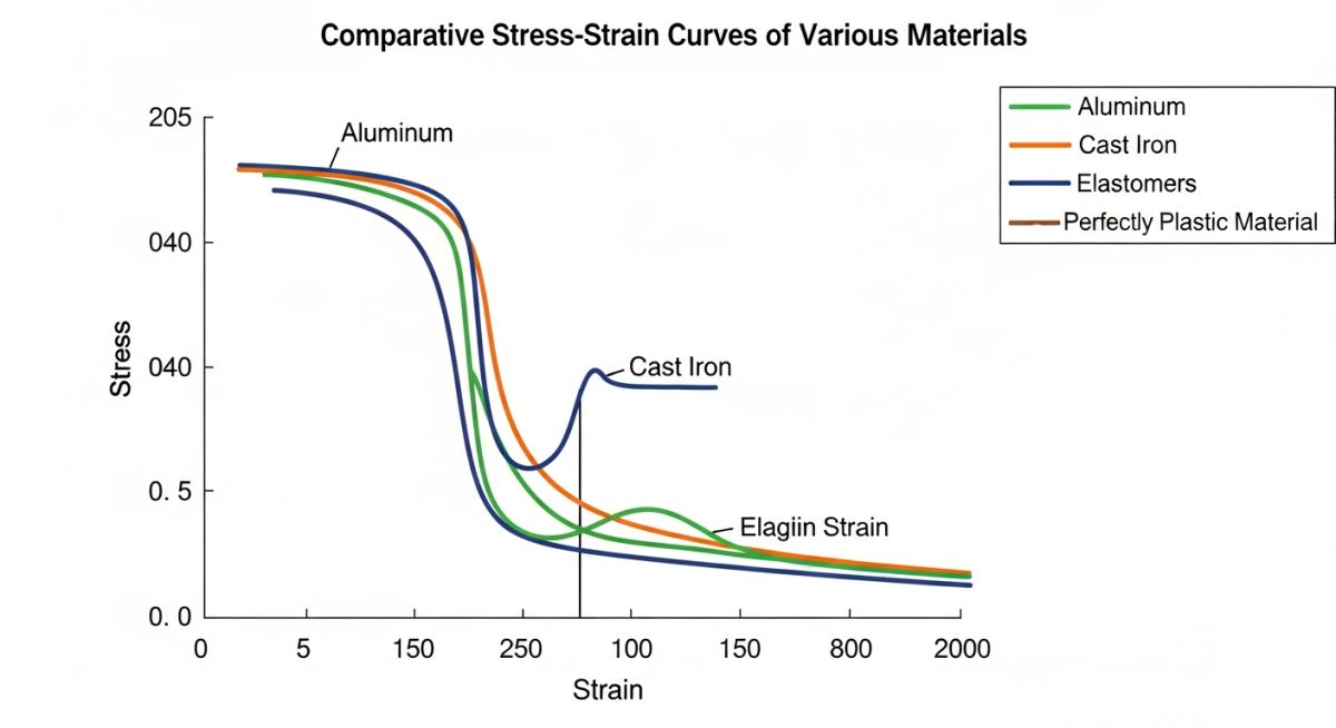 Stress-strain curve comparison of aluminum, cast iron, elastomers, and plastic materials