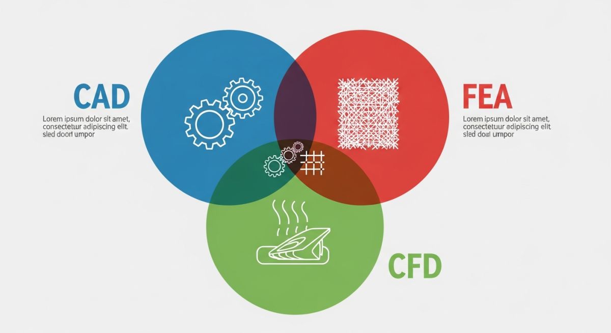 Mechanical engineering software categories diagram showing CAD, FEA, and CFD relationships