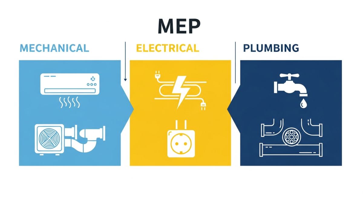 Technical infographic mapping MEP engineering components and system integration