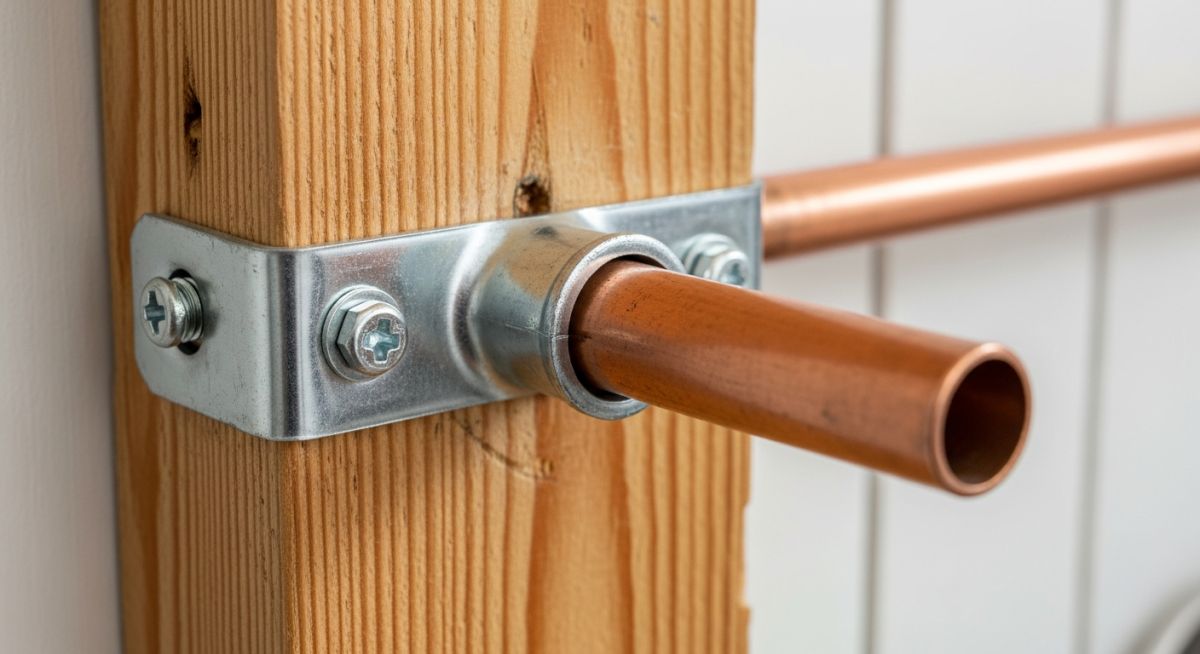 A metallic two-hole pipe strap securing a copper pipe to a wooden wall beam.
