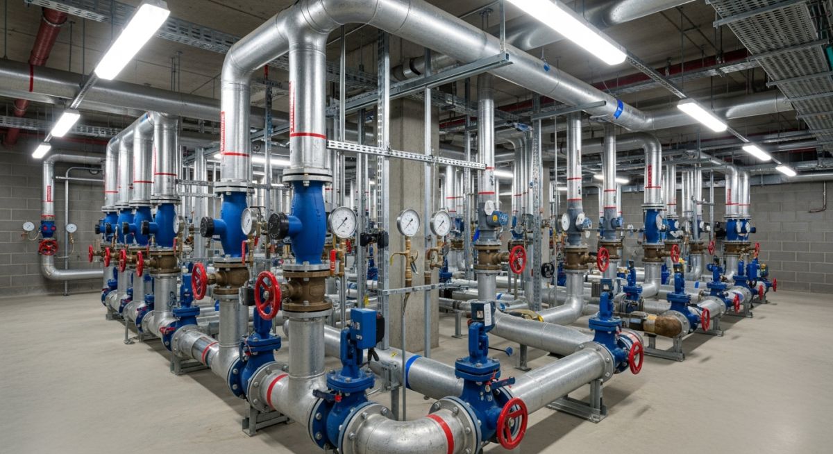 Insulated HVAC piping systems with valves and gauges in a commercial mechanical room.