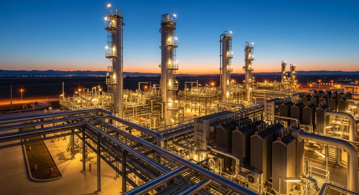 Modern natural gas processing plant illuminated at twilight, showcasing industrial distillation columns and piping.