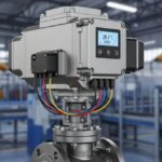 A modern industrial electric actuator mounted on a control valve in an automated factory setting.