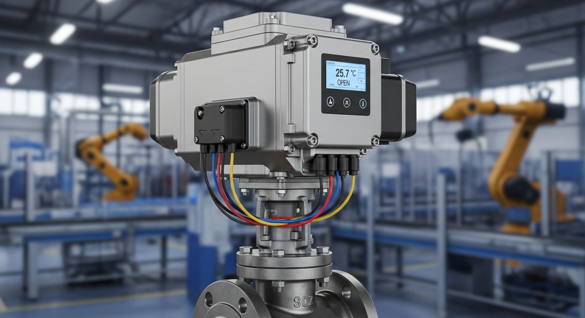 A modern industrial electric actuator mounted on a control valve in an automated factory setting.