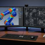Dual-monitor workstation displaying a 3D CAD model and FEA simulation of a robotic arm.