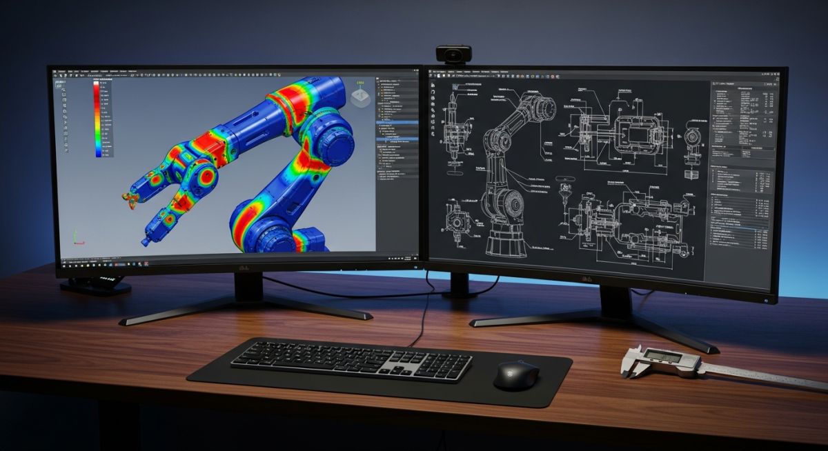 Dual-monitor workstation displaying a 3D CAD model and FEA simulation of a robotic arm.