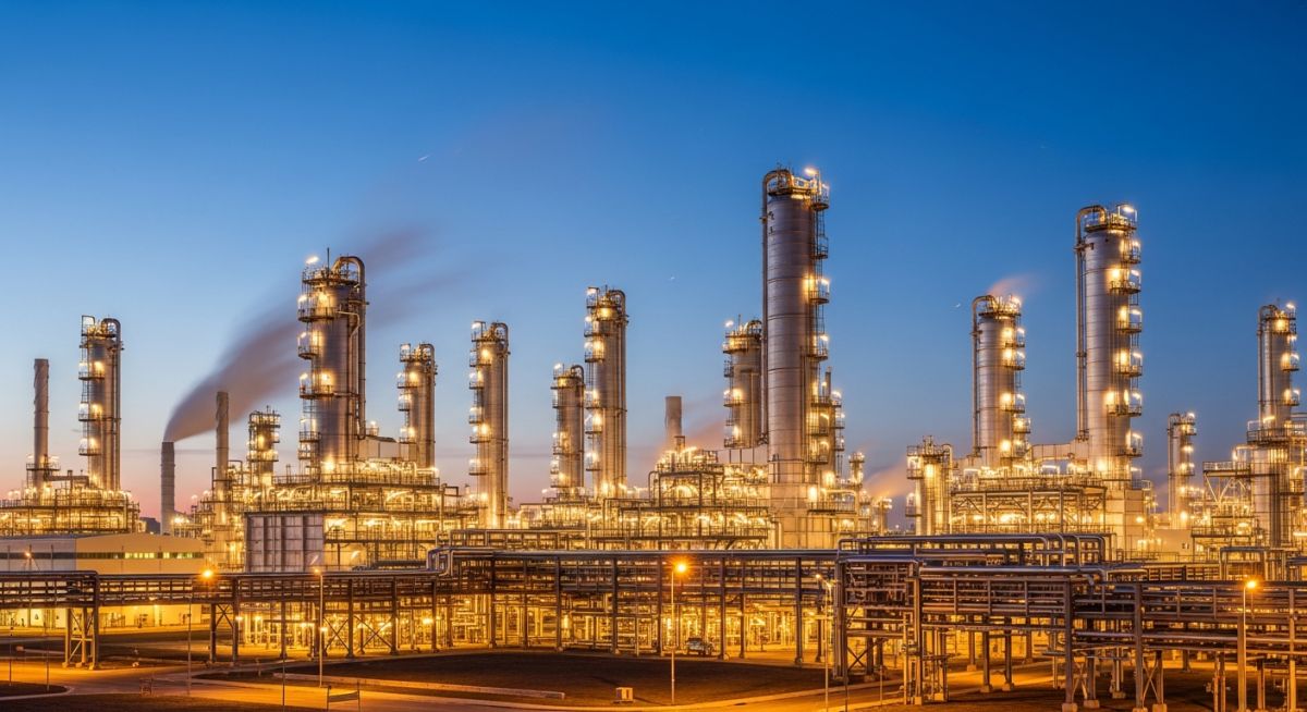 Modern petroleum refinery plant with illuminated distillation towers at dusk.
