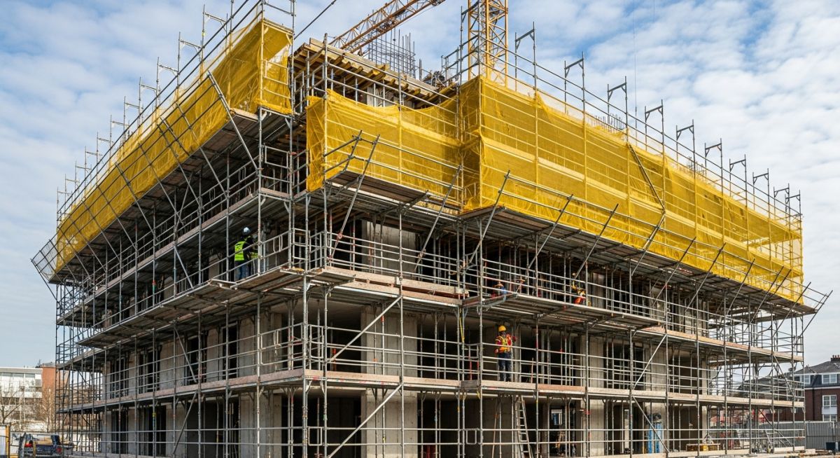Modern steel modular scaffolding system installed on a multi-story building facade under construction.