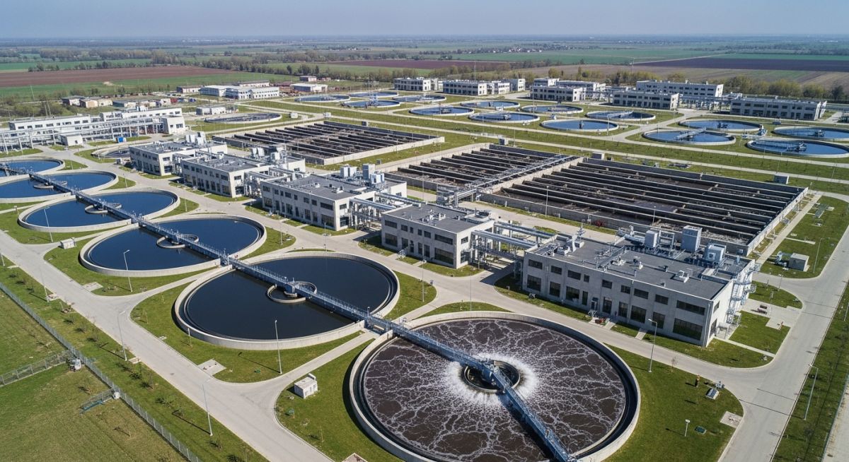 Aerial view of a modern municipal wastewater treatment plant featuring circular clarifiers and aeration basins.