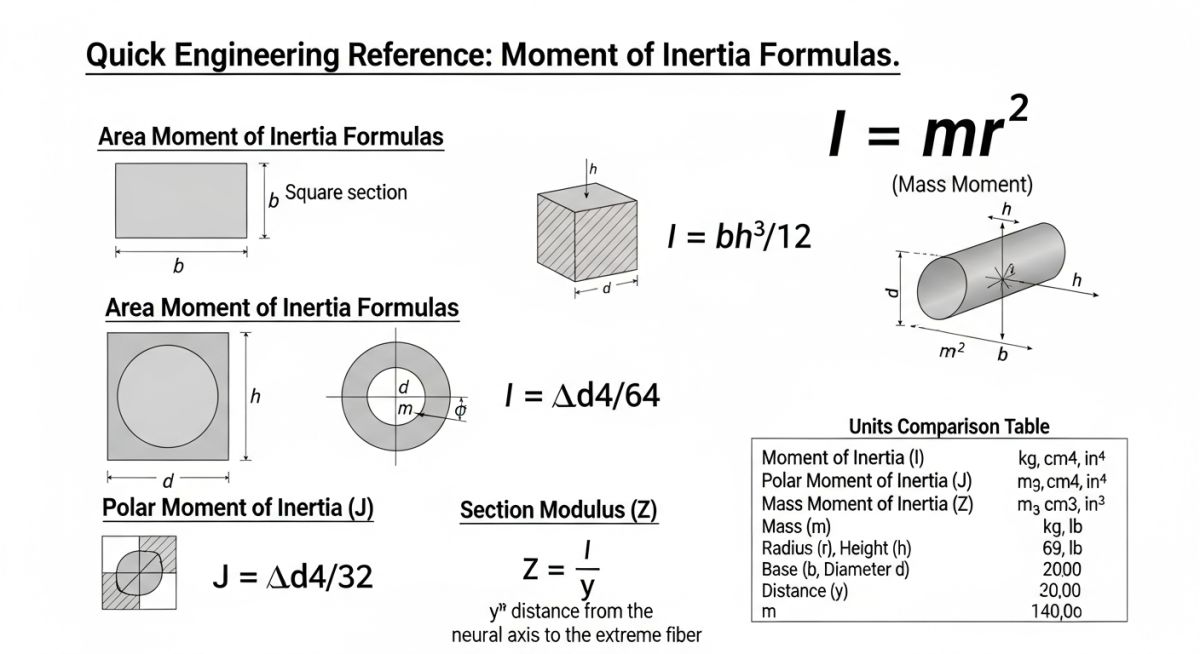 Moment of inertia formulas for square and circular sections with polar moment and section modulus