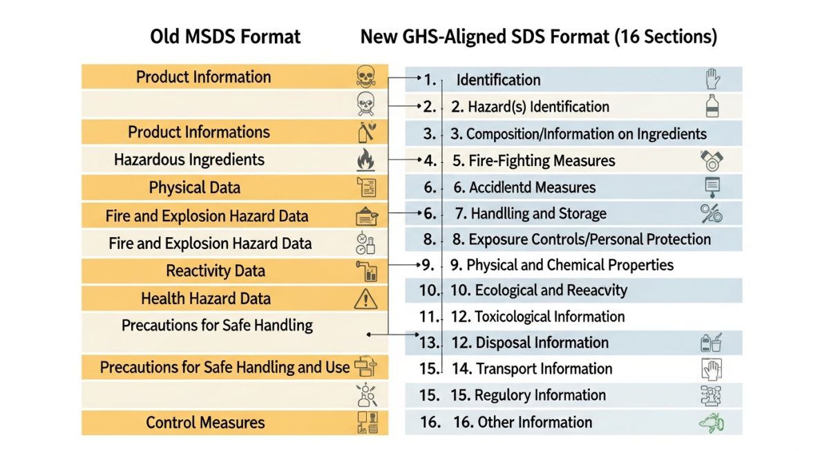 Infographic comparing the old MSDS format with the new GHS-compliant SDS format