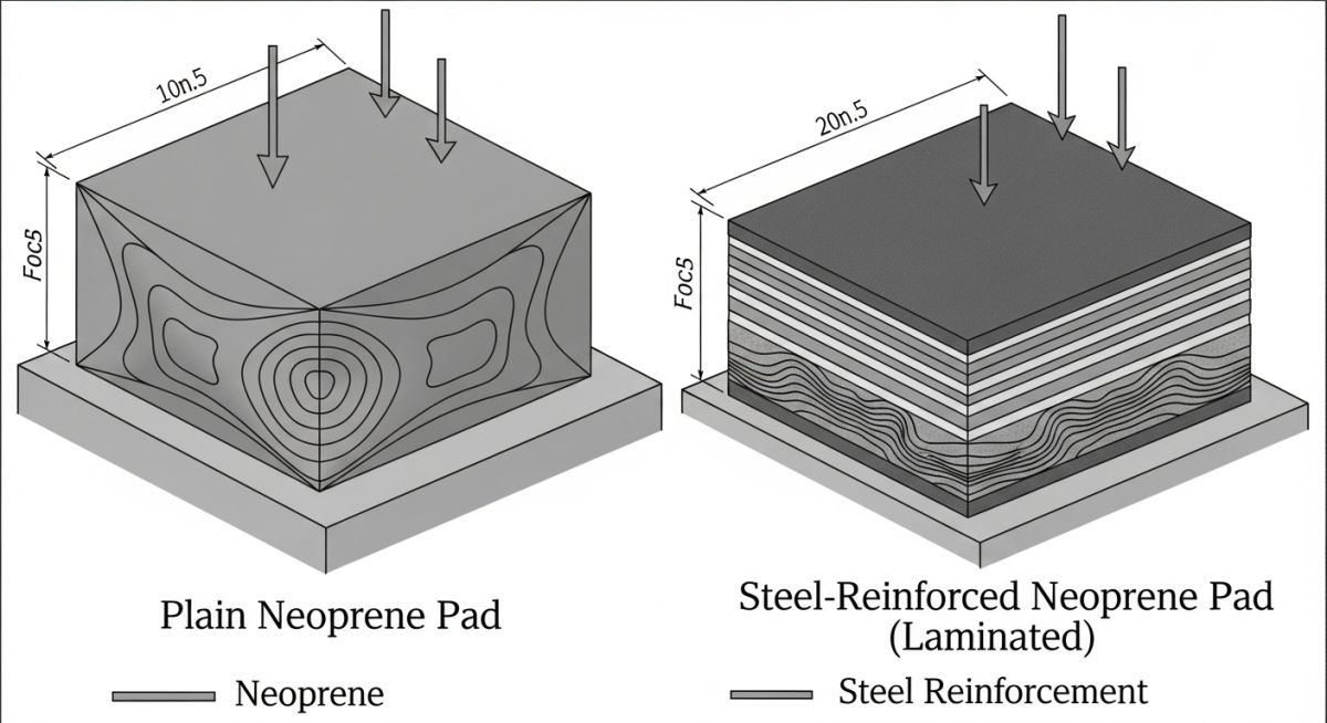 Neoprene pad types and compression deformation diagram under structural load
