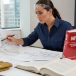 Engineer reviewing fire safety blueprints and NFPA codes and standards.