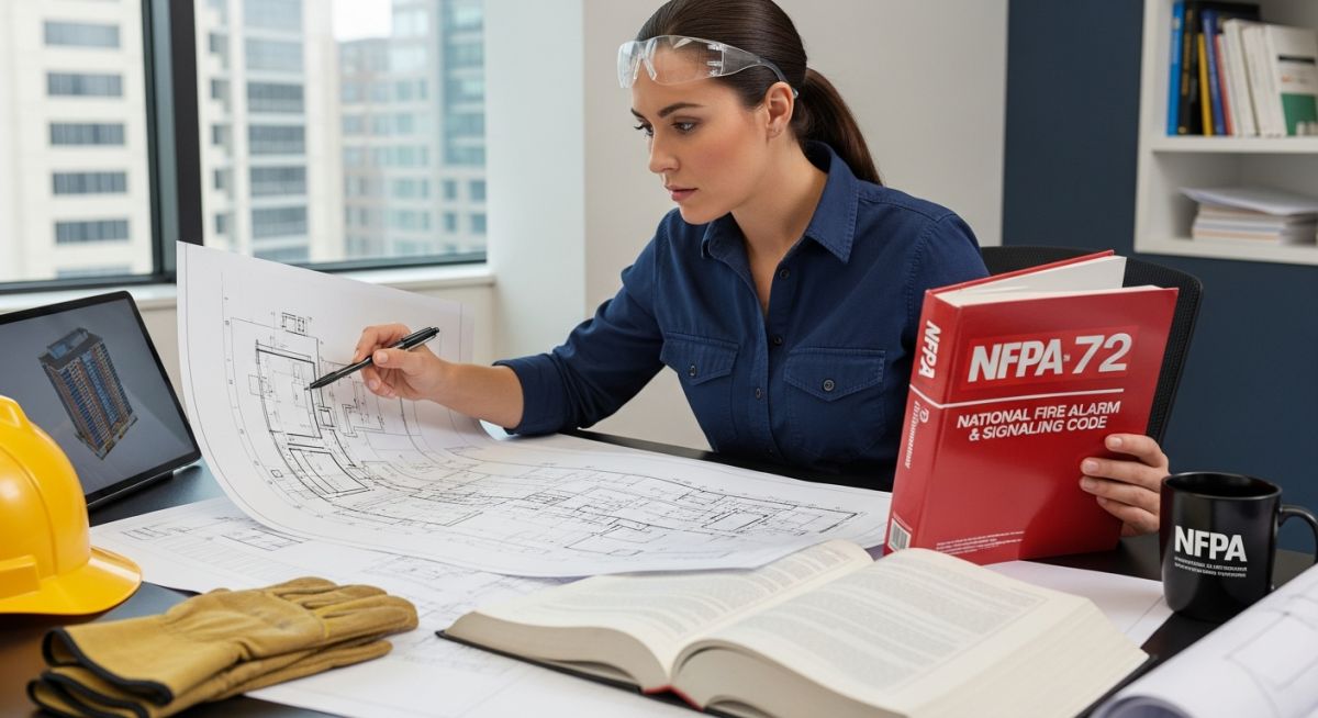 Engineer reviewing fire safety blueprints and NFPA codes and standards.