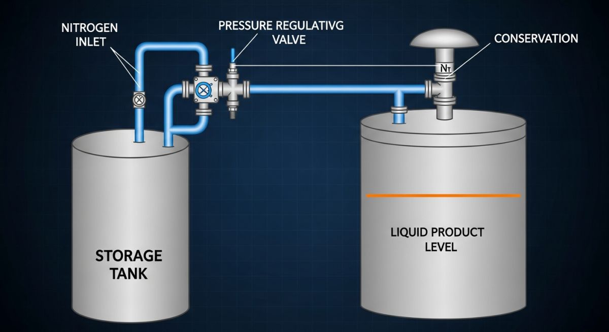 Nitrogen tank blanketing system diagram showing regulator and valves