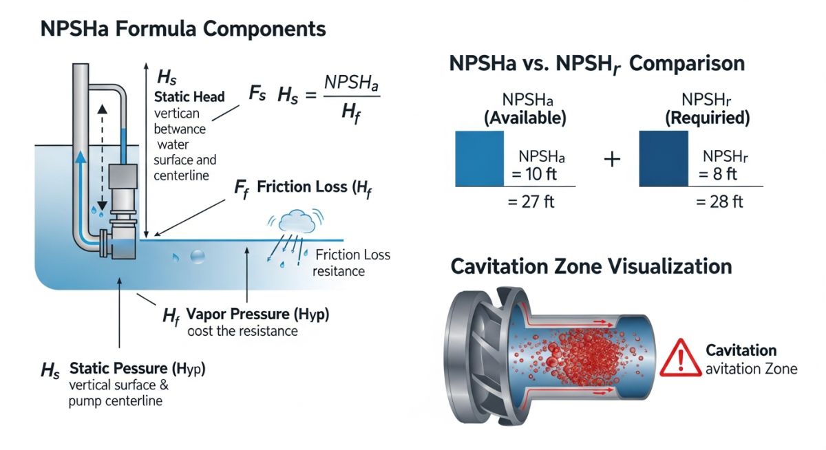 NPSH calculation formula and cavitation explanation infographic