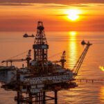 An offshore crude oil drilling rig operating in the ocean at sunset.