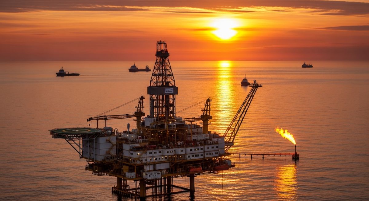 An offshore crude oil drilling rig operating in the ocean at sunset.