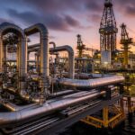 Super duplex stainless steel piping network on an offshore oil drilling platform.