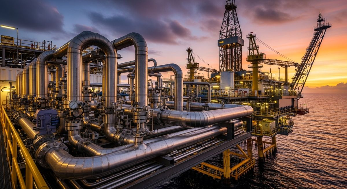 Super duplex stainless steel piping network on an offshore oil drilling platform.