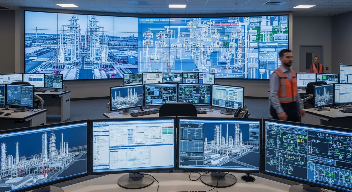 Modern oil and gas refinery control room with dual-monitor workstations displaying instrumentation engineering schematics and P&ID diagrams.