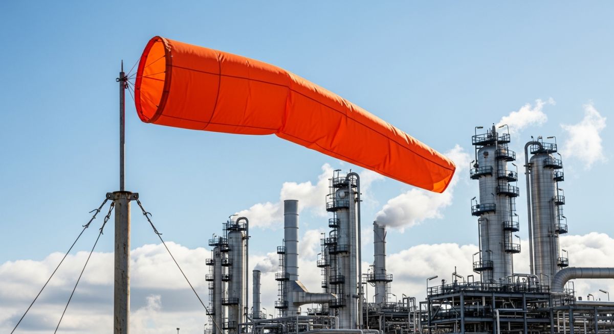 High-visibility orange wind sock blowing on a metal pole at an oil refinery.