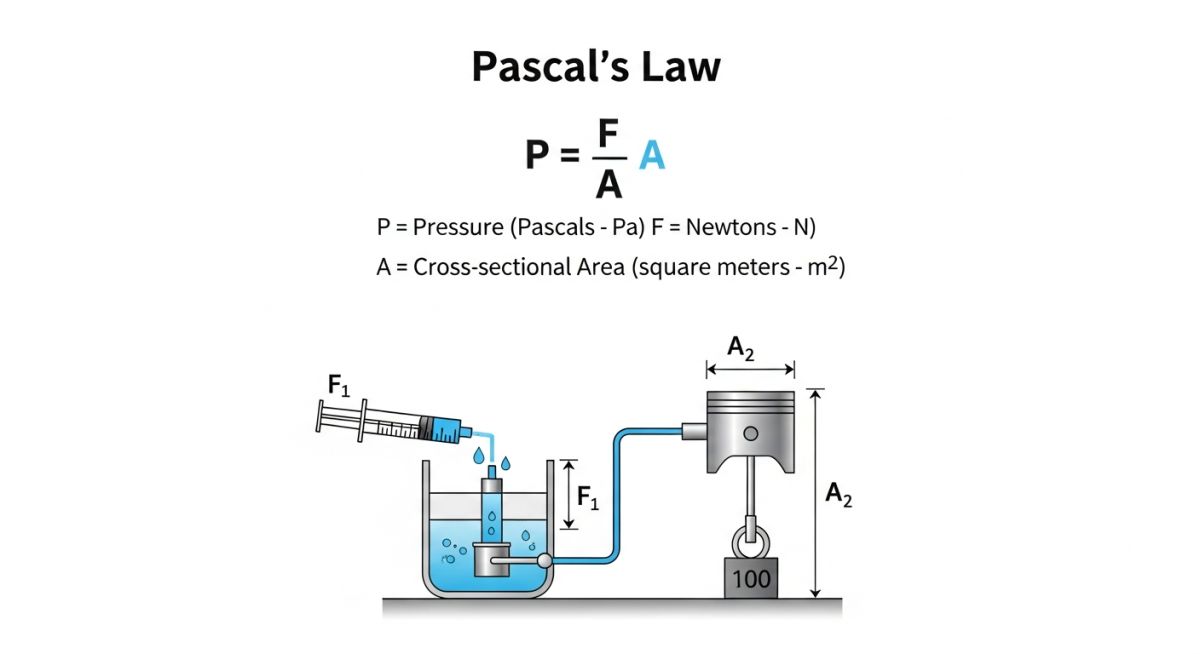 Technical diagram of Pascal's law formula showing force multiplication in a hydraulic cylinder system